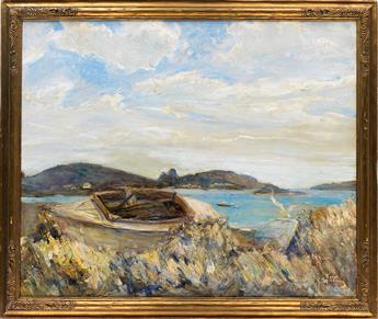 FRANK L. SPRADLING Coastal Scene with a Beached Catboat.